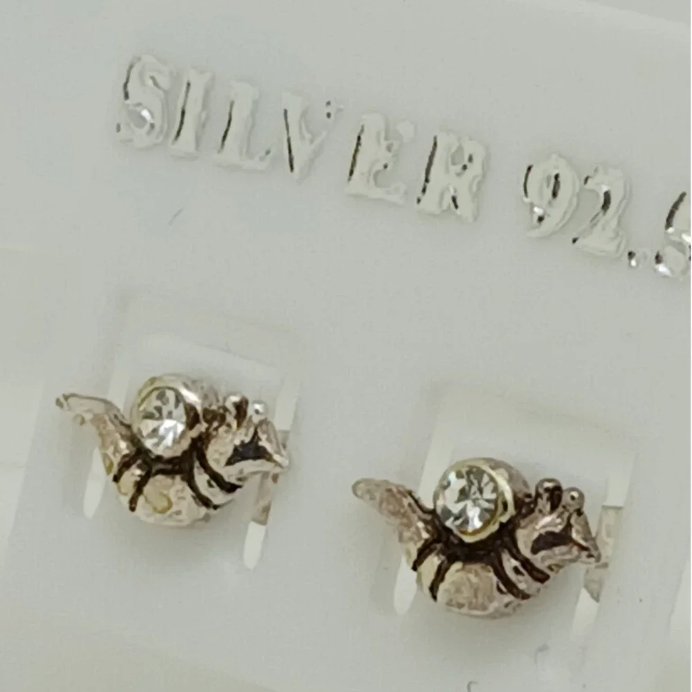 Vintage 1990s Thai Sterling Silver 925 Snail Stud Earrings Crystal Tiny Nature
